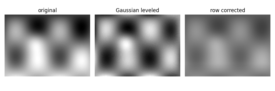 original, Gaussian leveled, row corrected